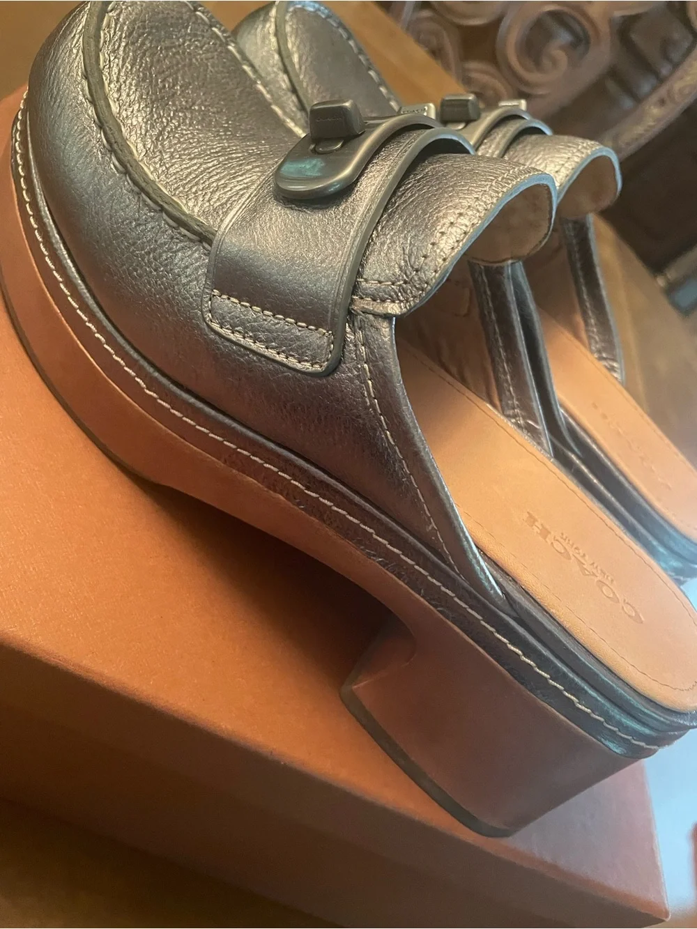 Coach 2016 collection Adrienne Metallic Tambled Gunmetal Leather Platform Clogs
